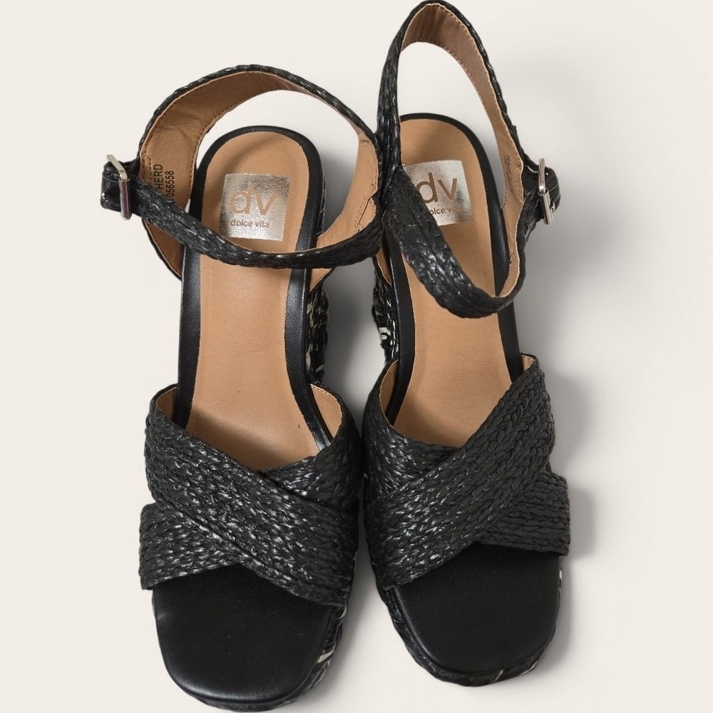 DV‎ Dolce Vita Herd Black Cream Woven Braided 5" Wedge Sandals Womens 8 Strap - Picture 5 of 6
